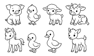 Obraz premium Set of outlined cartoon farm baby animals including piglet, chick, lamb, calf, foal, duckling, and goat kid. Black and white vector line drawing