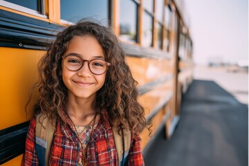 Smiling brunette child student girl wearing backpack looking to camera near the school bus.