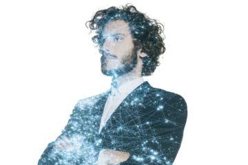 Modern businessman with digital network overlay. Innovation, technology, future concept.