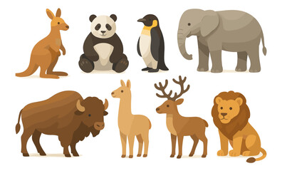 Fototapeta premium Set of wild animals including kangaroo, panda, penguin, elephant, bison, llama, deer, and lion. Flat cartoon vector illustration in soft gradient style. Wildlife and zoo animal concept