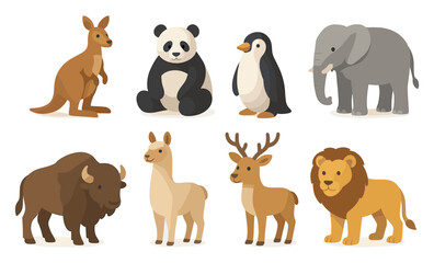 Fototapeta premium Set of wild animals including kangaroo, panda, penguin, elephant, bison, llama, deer, and lion. Flat cartoon vector illustration in soft gradient style. Wildlife and zoo animal concept