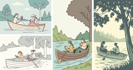 Young women relaxing and reading books in a rowboat, gently floating on calm water, enjoying a peaceful, sunny day outdoors