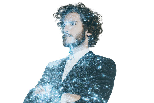 Modern businessman with digital network overlay. Innovation, technology, future concept.