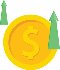 Money investment concept with golden dollar coins and arrows going up, colorful finance vector design.

