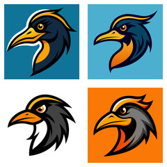 Fototapeta premium Four stylized bird head illustrations with varying color palettes and background square designs shown