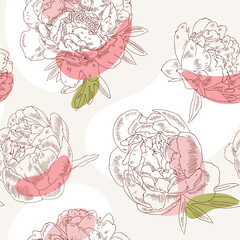 Seamless background with colored spots and painted peonies.