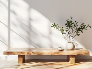 Minimalist Wooden Coffee Table with Potted Plant in Modern Interior Scene