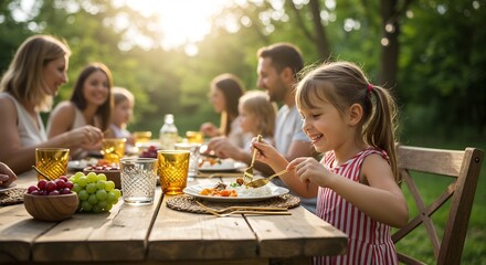 Happy Family Enjoying a Delicious Outdoor Meal Together in a Sunny Garden Setting