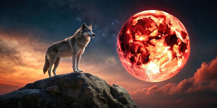A lone wolf stands on a rocky outcropping under a full red moon , Wilderness, Wildlife