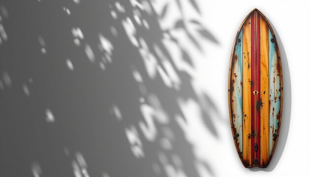 A vintage wooden fishboard surfboard isolated on white with clipping path, set against retro styles