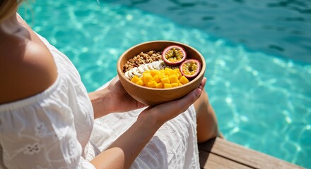 Woman in white dress enjoying a healthy tropical fruit and granola bowl by the poolside