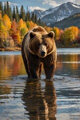 Fototapeta premium Bear on the Shore of an Autumn Lake with Mountain Reflections