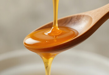 Golden honey pouring onto wooden spoon liquid viscous
