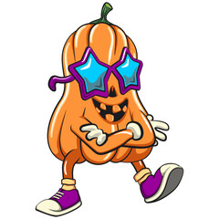 funny halloween pumpkin mascot wearing stars shaped beach sunglasses, vector cartoon illustration isolated on transparent background, work of hand drawn