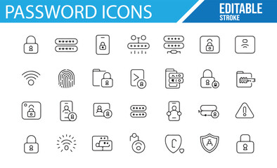 Set of icons for password protection, biometric security, and encryption tools.