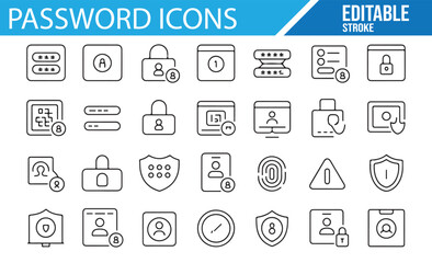 Editable vector icons for password security, login, and authentication systems.