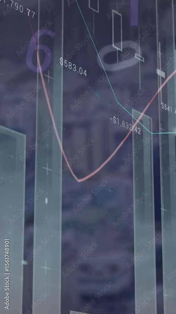 Poster animation of changing numbers and multiple graphs over modern city in background
