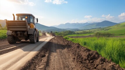 Obraz premium rural dirt road being widened and paved, with construction vehicles and workers in the foreground and green fields stretching into the distance