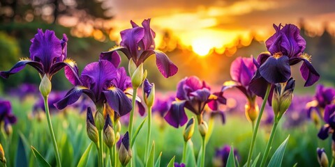 Dark purple iris flowers in a garden at sunset, garden, floral,  garden, floral, flowers © chokdeelaw