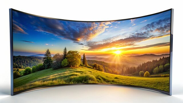Spectacular Curved TV Displaying a Vibrant Sunset over Rolling Hills with Lush Greenery and a Captivating Sky, a Scenic Vista