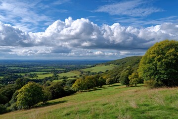 Obraz premium Scenic landscape grassy hill trees and distant valley beneath a cloudy blue sky
