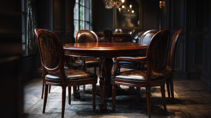 Classic Wooden Dining Chairs Around Round Table