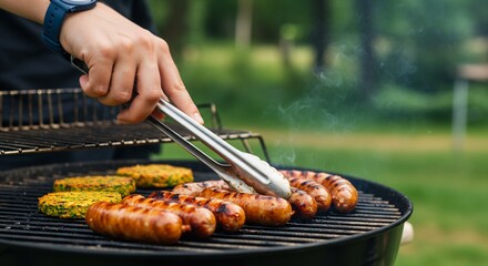 Naklejka premium Close-up of Person Using Tongs to Grill Sausages and Veggie Burgers on a Charcoal Grill Outdoors