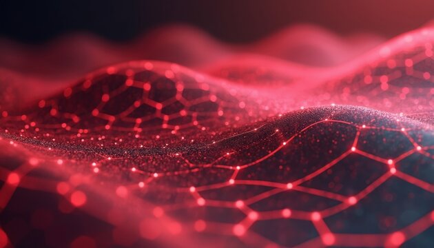 Red abstract hexagon grid on wavy surface. Futuristic tech background for tech science digital concepts. Network connections, data flow visualization. Ideal for AI crypto concepts science design.