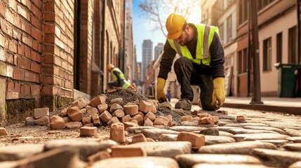 narrow urban alley under repair, featuring cobblestone work, piles of bricks, and workers in reflective vests surrounded by historic buildings
