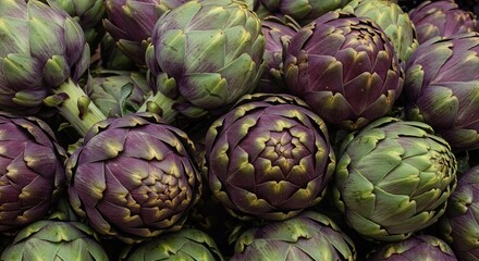 Fototapeta premium Close-up of Fresh Organic Artichokes at a Farmer's Market, Rich Textures and Colors of Artichoke Heads
