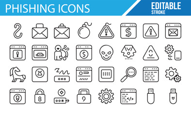 Set of icons for online security, phishing scams, and identity theft threats.