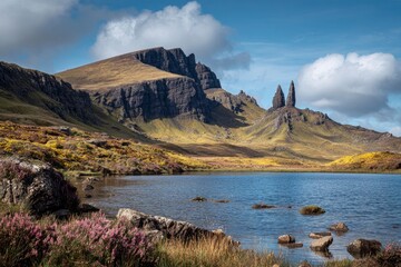 Scottish landscape of mountains loch  Old Man of Storr