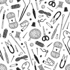 Crochet and knitting tools and materials. Needles, hooks, yarn, scissors doodles. Hand-drawn texture with tools for handmade craft. Vector seamless pattern.