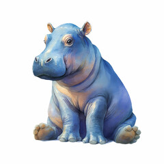 Fototapeta premium Cute Watercolor Blue Baby Hippopotamus - Adorable Isolated Animal Illustration