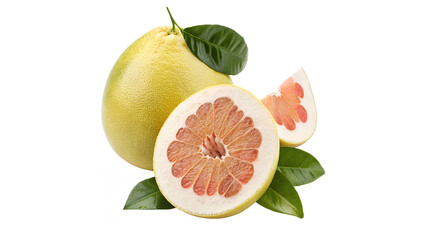 fresh pummelo with sliced part and leaves isolated on a transparent background