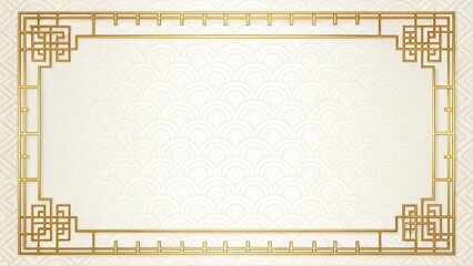 Elegant Gold Art Deco Frame on Cream Seigaiha Wave Pattern Background: Luxury Invitation Template