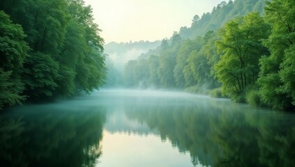 Fototapeta premium Serene River Scene Surrounded by Misty Green Forested Landscape at Sunrise