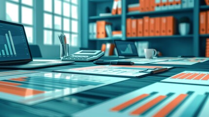 A meticulous financial audit process with documents, calculators, and laptops on a large conference table