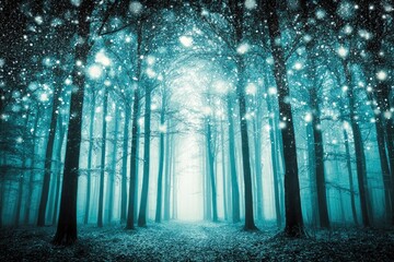 Mystical winter forest bathed in ethereal blue light, snow falling