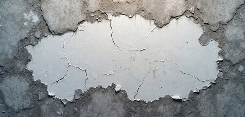 Obraz premium Textured background features cracked peeling white paint on a rough gray surface. Weathered, distressed abstract pattern, aged wall with rustic grunge design. Uneven layered broken vintage look.