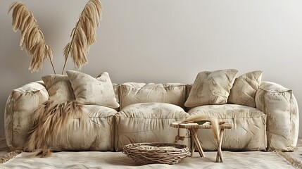Serene minimalist interior scene featuring a comfortable couch with natural accents and earth