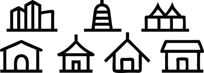 Collection of diverse stylized icons arranged in a grid layout