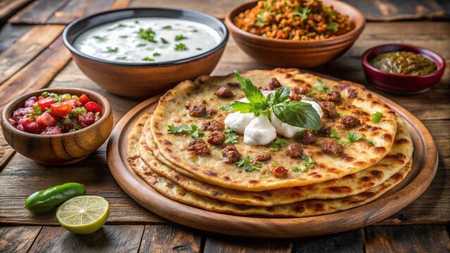 Pakistani qeema paratha &mdash; minced meat stuffed flatbread, served hot with yogurt and chutney