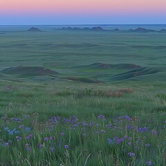 Serene prairie vista: Rolling hills, wildflowers, and pastel sky create a calming landscape
