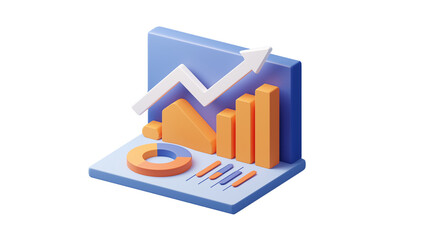 Analytics graph dashboard in 3D with upward arrow, finance and performance symbol, PNG