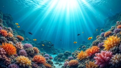 Naklejka premium Vibrant Coral Reef Underwater Scene With Sunlight Rays and Colorful Fish