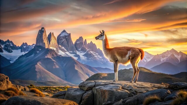 A guanaco standing alone at sunset with a rocky terrain and mountains in the background , guanaco, landscape