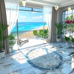 Serene Seaside Retreat: A Luxurious Interior Overlooking a Tranquil Beach Landscape Paradise