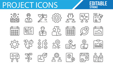 Icons pack for business processes, construction, and teamwork.