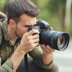 male photographer holding a professional camera, crouching down to take a shot, in an outdoor setting with natural light